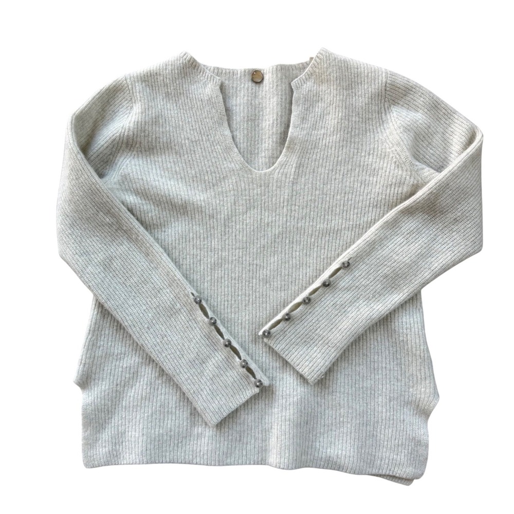Margaret O'Leary Women Gray 100% Cashmere Ribbed V-Neck Sweater Button Cuff Sz M